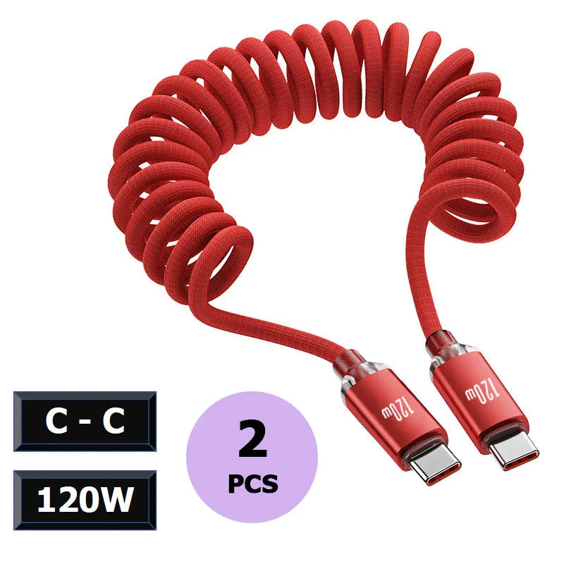 120W Spring USB Type C Cable Fast Charging For Huawei Xiaomi Mobile Phone Type C To USB C Cable For iPhone 15 16 Samsung Cable