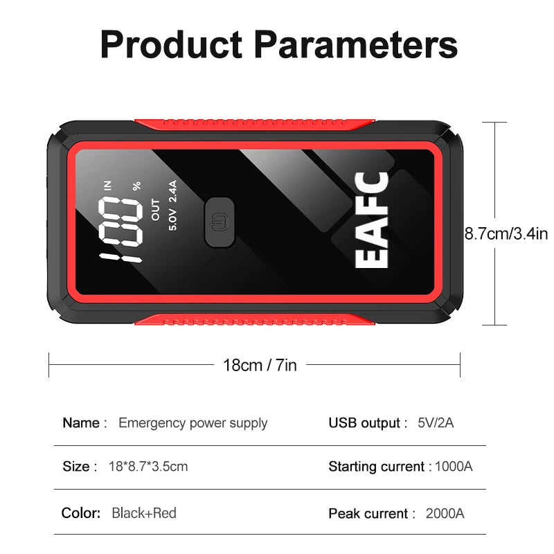 2000A/1200A High Power Car Battery Jump Starter Portable Car Battery Booster Charger Booster Power Bank Starting Device USB Port