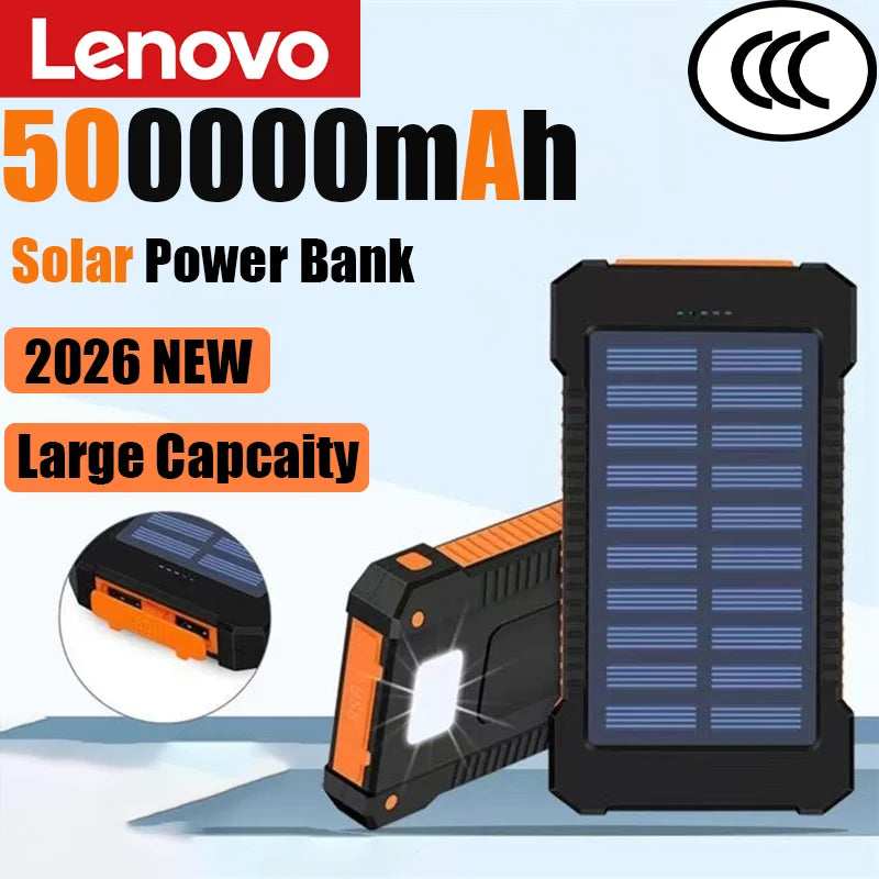 Lenovo 500000mAh Solar Power Bank Large Capacity Super Fast Charging Outdoor Portable External Battery for iPhone Huawei Samsung Car Mobile World