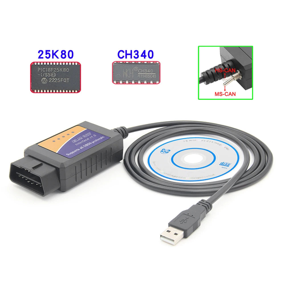 OBD2 ELM327 V1.5 USB Switch OBD Scanner for Focus ELM327 V1.5 PIC18F25K80 Modified Open Hidden for Ford Forscan HS-CAN/MS-CAN Car Mobile World