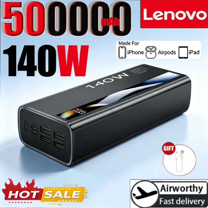 Lenovo CCC 500000mAh Powerbank 140W Super Fast Charging Portable Battery Charger Ultra Capacity LED Digital Display