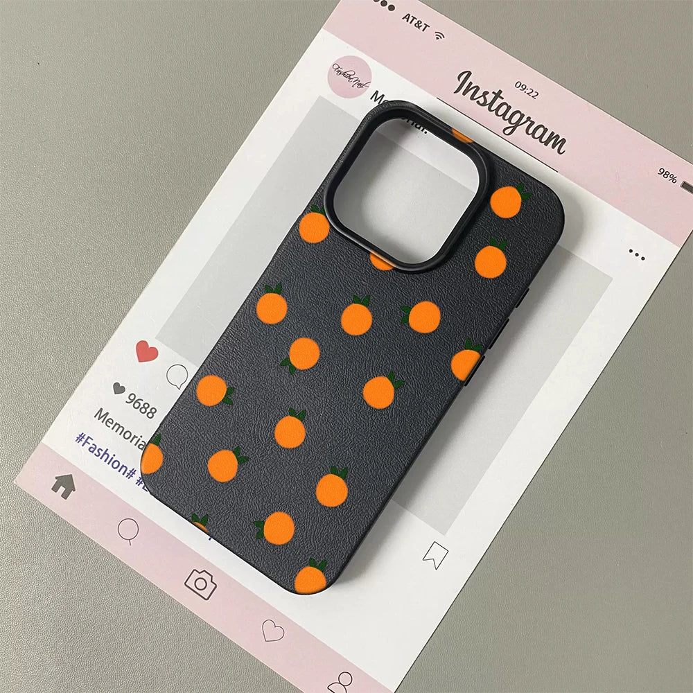 Lightweight Leather Cover For Iphone 14 Pro Max 13 12 11 17 16 15 17E Air Orange Flower Pattern Shockproof Soft Case