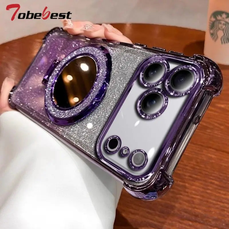 Glitter Shockproof Mirror Magnetic Bracket Case For iPhone 17 Air 16 16E 15 14 Plus 13 12 Mini 11 Pro XS Max XR Silicone Cover