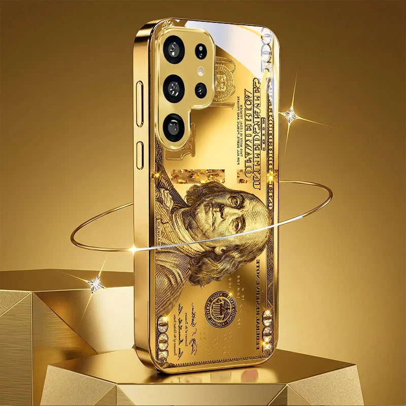Golden Dollar Bill Fashion Exquisite HD Glass Phone Case for Samsung Galaxy S26 S25 S24 S23 S22 FE,Ultra,Plus Dropresistant Car Mobile World