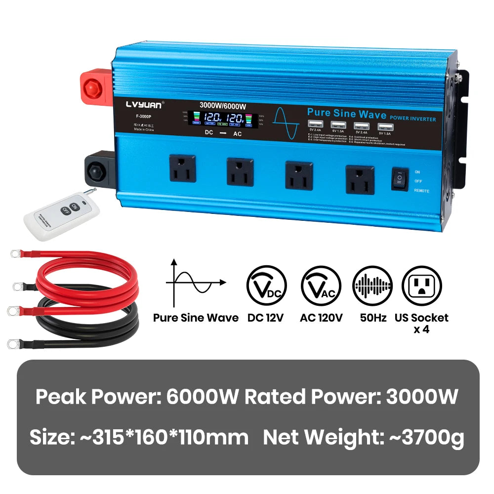 4000W Pure Sine Wave Inverter DC 12v/24v To AC 110v 60HZ Voltage Converter Car Solar Power Inverter CM World