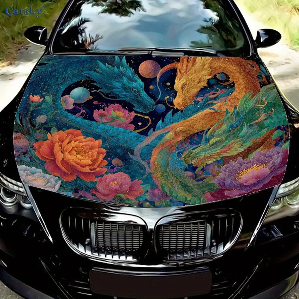 Magical Dragons and Flowers Car Vinyl Wrap, PVC Waterproof Car Hood Sticker, Self-Adhesive Scratch-Resistant Stickers for Engine