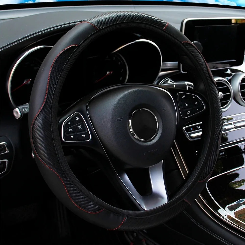 PU Carbon Fiber Leather Car Steering Wheel Cover Without Inner Ring Suitable 14.5-15 Inches for Most Vehicles Sedan SUV Truck