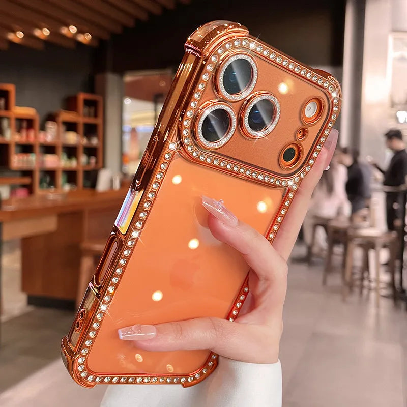 Luxury Bling Diamond Bumper Camera Protection Case For iPhone 17 16 15 14 13 Pro Max Airbag Anti-knock Transparent Soft Cover