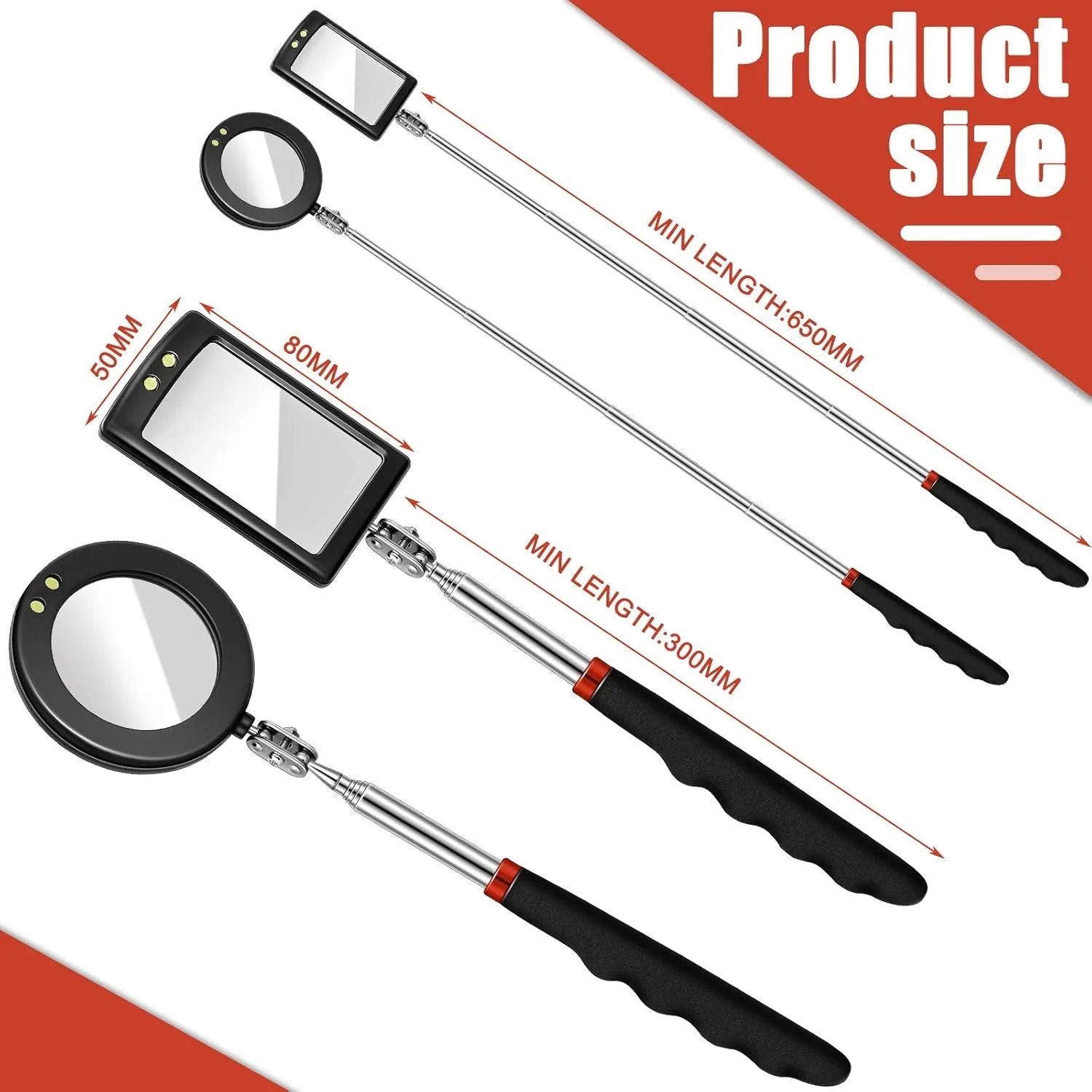 Car 360° Inspection Mirror LED Light Telescopic Inspection Mirror  for Check The Condition of Vehicle Automotive Repairs Tools CM World