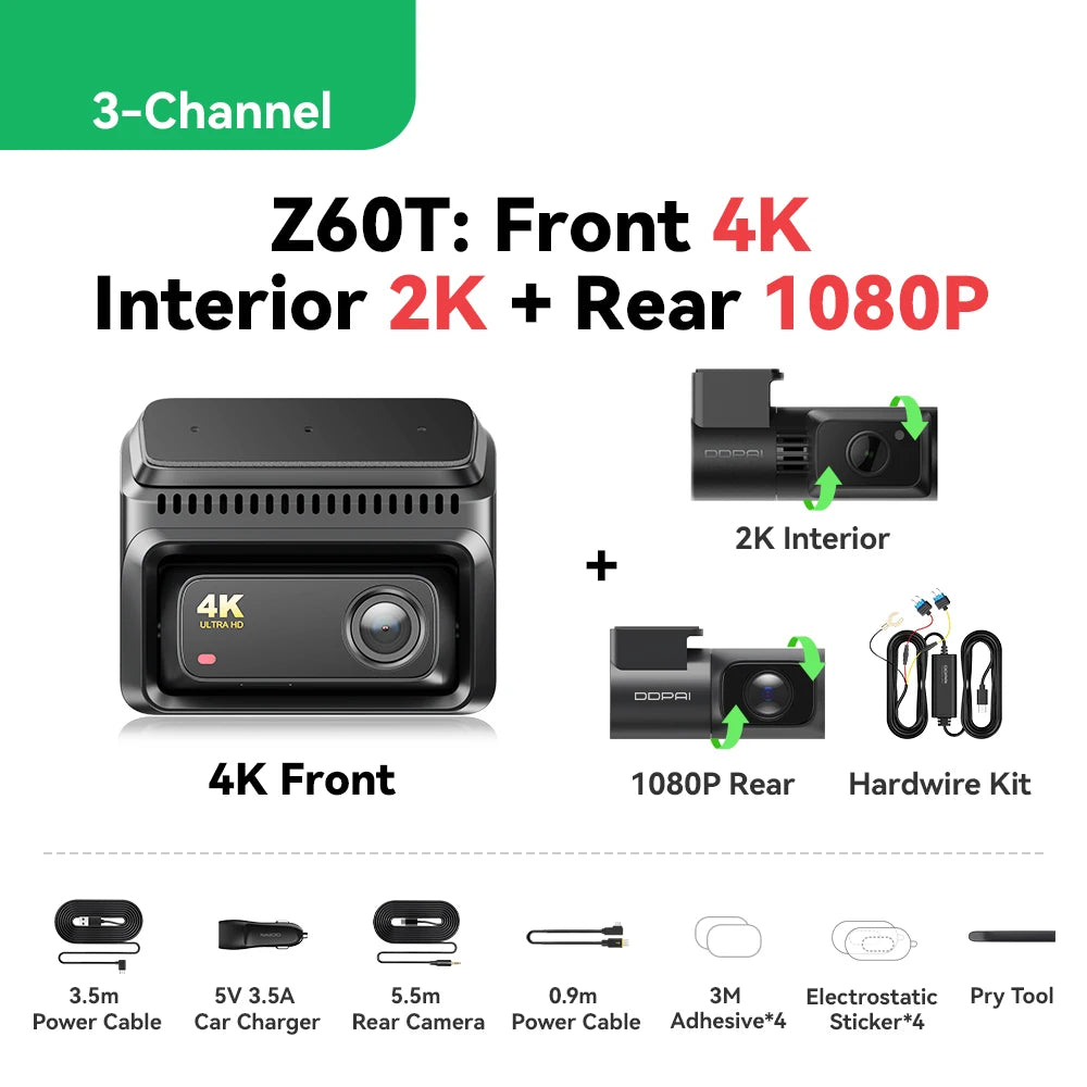 DDPAI Z60T Dash Cam 3-Channel HDR 4K+2K+1080P Front Rear Interior Night Vision 24H Parking Monitoring ADAS Dash Camera Car DVR