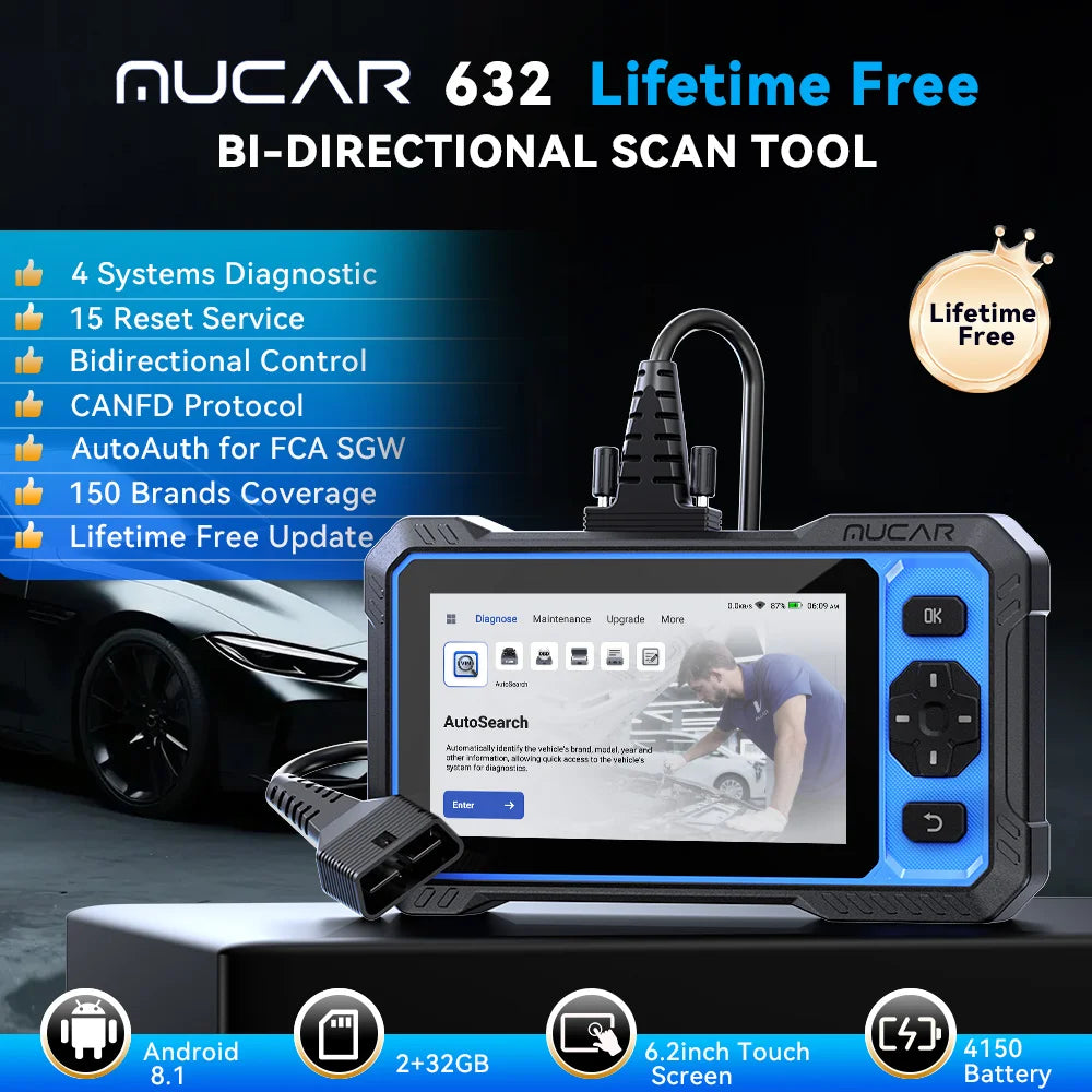 MUCAR 632 AI Automotive Tools Life Free Obd2 Scanner CANFD 15 Reset 4 System Life Free Bidirectional Diagnostic Auto OBD Scanner