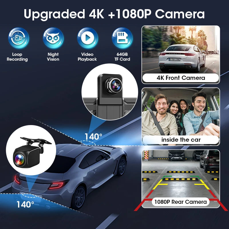 11.26 inch Dash Cam Car DVR 4K Camera Wireless Carplay Android Auto Touch Screen Dual Len Video Recorder Dashboard BT FM AUX GPS Car Mobile World