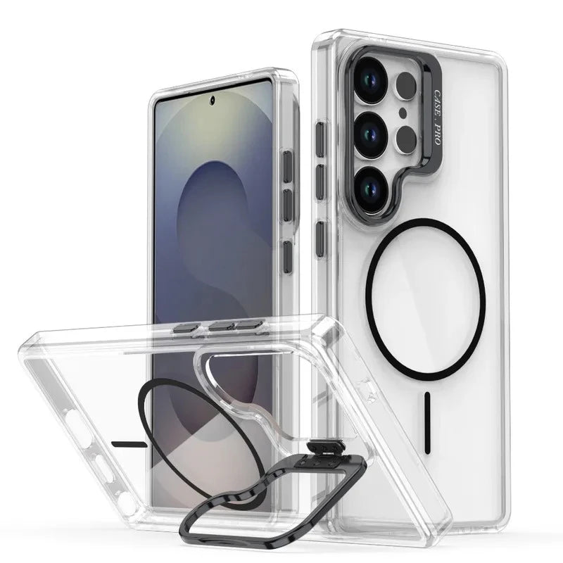 Luxury Clear For Magsafe Magnetic Lens Stand Holder Case For Samsung S26 S25 Ultra S24 S23 Plus A57 A37 A56 A17 A36 A55 Cover