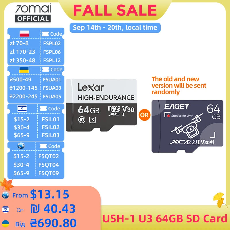 HIGH-ENDURANCE Micro SD 32GB 64GB 128GB TF Card USH-3 for 70mai 4K Dash Cam A810 A800SE A800S A510 A500S M310 S500 EAGET Card