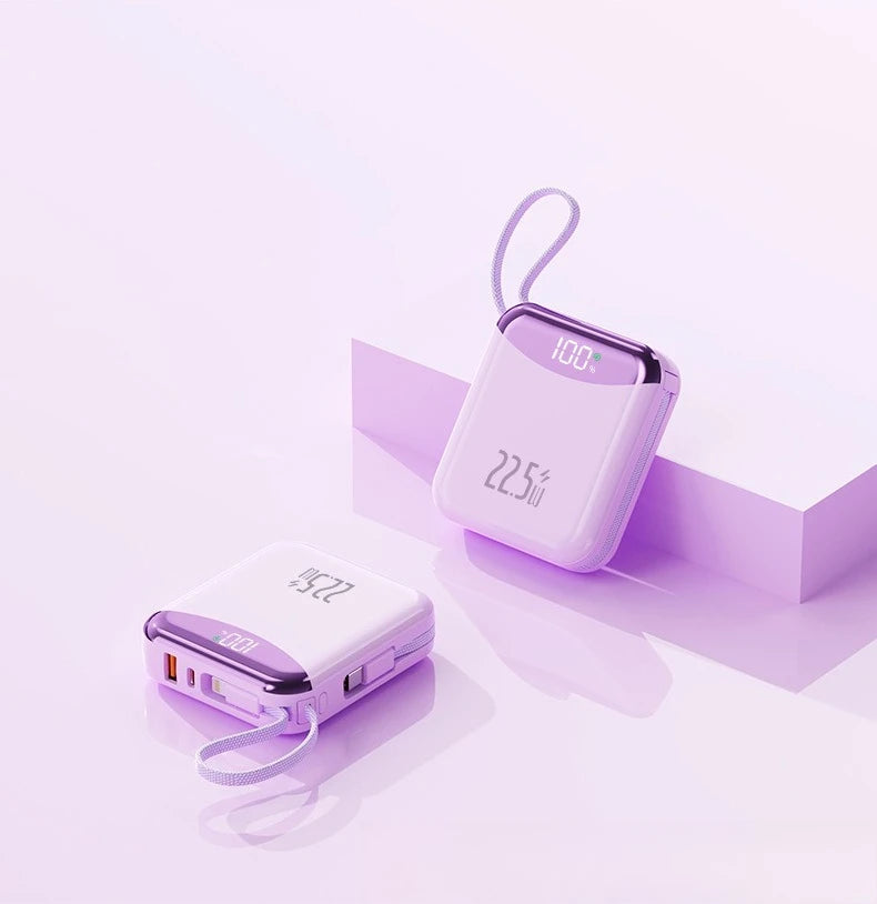 22.5W Super Fast Charging Power Bank with Built-in Cable 20000mAh Portable Ultra-Thin and Mini Car Mobile World