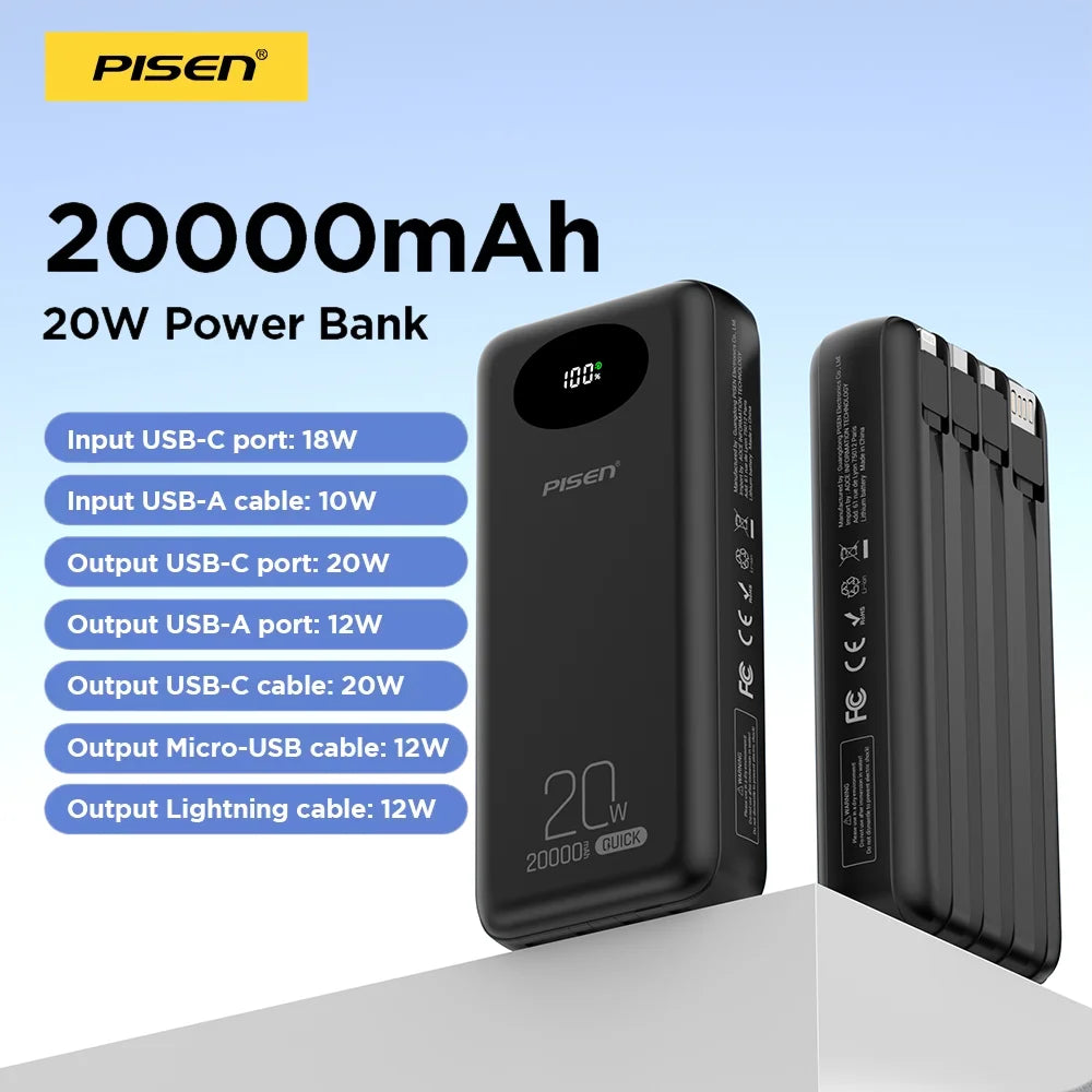 PISEN 20000mAh 20W Fast Charging Powerbank With 4 Built-in Cables For iPhone Samsung Xiaomi