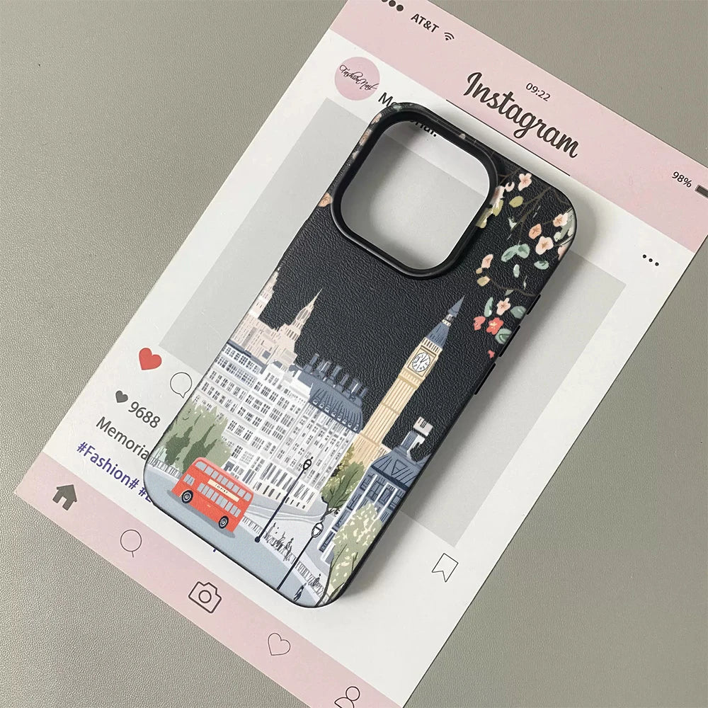 Matte Leather Finish Case For Iphone 17 Pro Max 16 15 14 13 12 11 17E Air London Landscape Silicone Anti Shock Cover