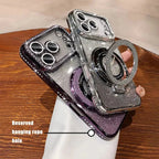 Plating transparent diamond glitter magnetic phone case for iPhone 17 16 13 14 15 Pro Max lens protection bracket back cover