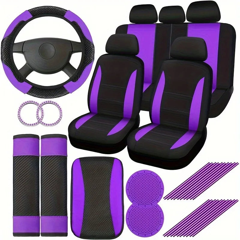 Women's Car Interior 37-Piece Set - Polyester Seat Covers, PU Steering Wheel Cover, Shoulder Pads, Decorative Strips  etc CM World