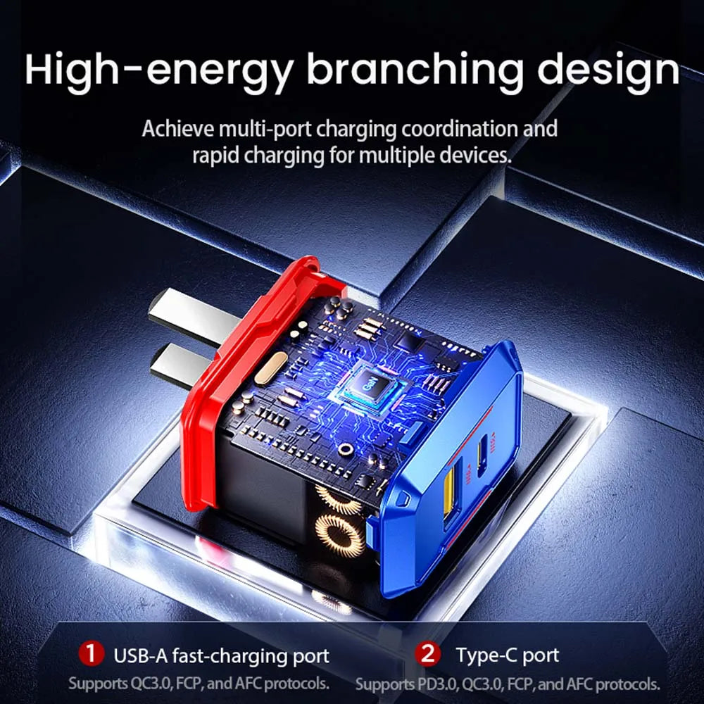Pisen 30W GaN Charger, USB‑A + USB‑C Dual‑Port Output. Supports PD3.0, PPS, QC3.0, FCP and AFC Protocols. Compatible with iPhone Series, Xiaomi, Huawei, Samsung Smartphones, Tablets & Nintendo Switch.