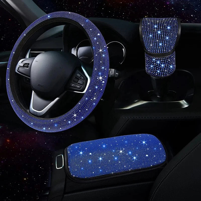 3Pcs Car Accessories Set for Women Steering Wheel Cover Gear Shift Cover Armrest Pad Mat Bling Auto Diamond Decortion Styling CM World