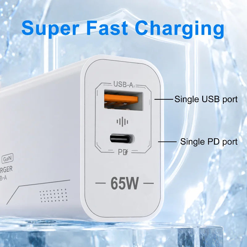 Lenovo 65W GaN USB C Charger 2-Port Fast Charging Phone Charger Power Adapter For iPhone Samsung Type C EU/US Plug Wall Charger