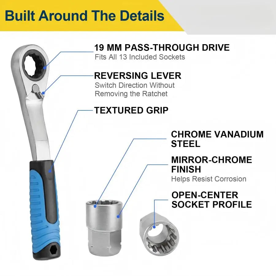29pcs Hollow Pass-Through Ratchet Wrench Set Reversible 12 Point Socket Bits Extension Bar Adapter Repair Tool Kit