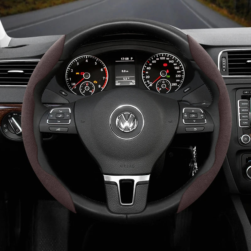 Suitable for Volkswagen Anti-Slip Buckle Segmented Suede Steering Wheel Cover Suitable for Polo Golf 5 6 7 Gol Cc Passat B6 B8 Jetta Scirocco T4 Crafter Taigo up Santana Nivus Tcros G3 Caddy Tiguan CM World