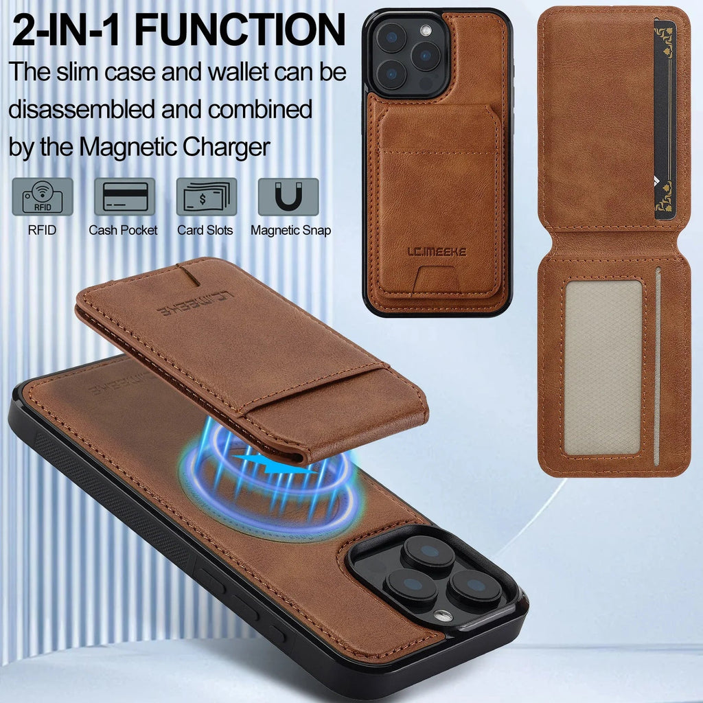 2 In 1 Detachable Leather Case For iPhone 16 17 Air 16E 15 14 13 12 11 Pro XS Max XR 8 Plus SE Mini Card Pocket Magnetic Cover