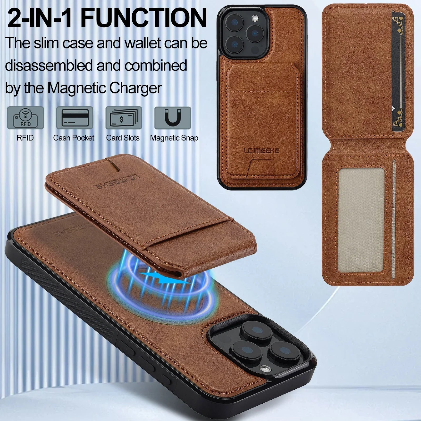2 In 1 Detachable Leather Case For iPhone 16 17 Air 16E 15 14 13 12 11 Pro XS Max XR 8 Plus SE Mini Card Pocket Magnetic Cover
