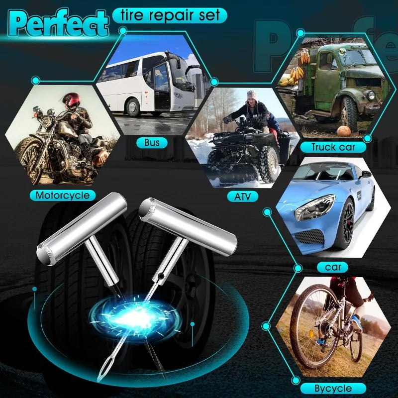 Heavy Duty Plug Kit Stainless Steel T Handle Set Bicycles Repair Puncture Tool Spiral Probe Split Eye Needle Tire Repair Set CM World