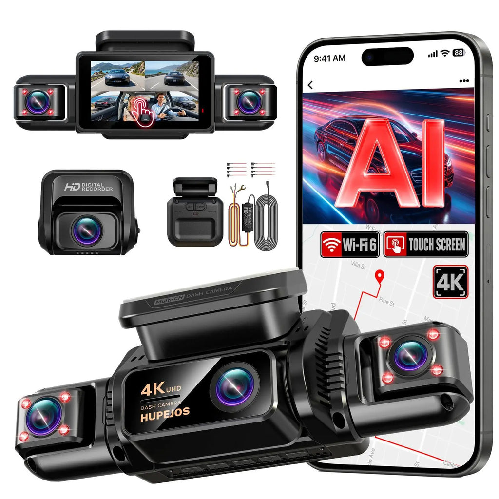HUPEJOS V9 4CH 360° 4K Dash Cam, AI DMS Monitor, WiFi & GPS, Night Vision, Touch Screen & Voice Control, 24/7 Parking Mode