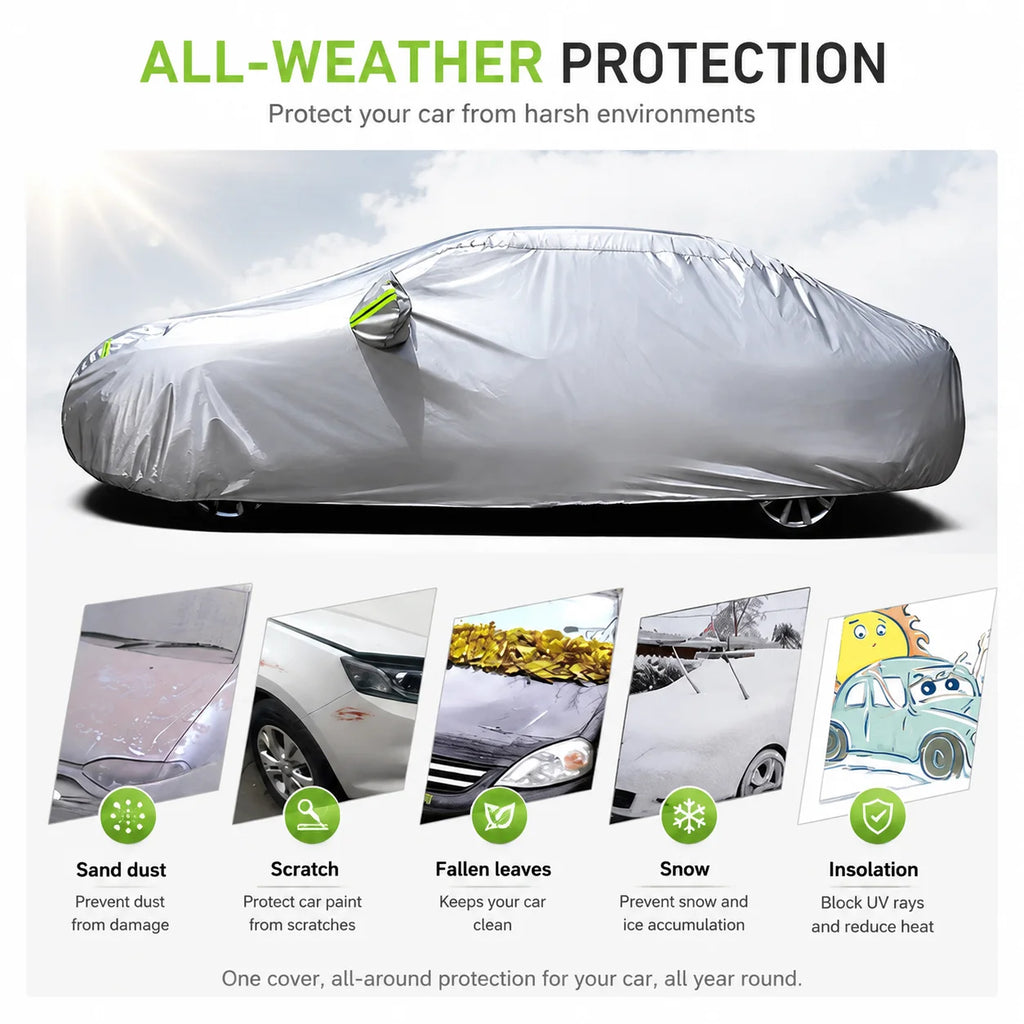 190T Breathable Full Exterior Car Cover, Outdoor Sun Shade, Snow, Dust & UV Ray Protective Cover Fit for Hatchback & Sedan