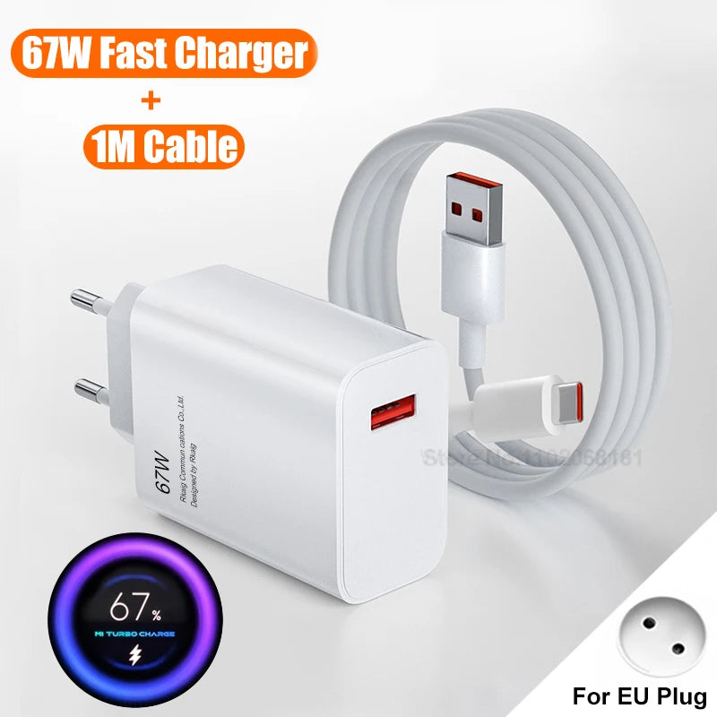 67W USB Fast Charger for Xiaomi 14t 13t 15 14 Ultra Redmi Note 14 13 12 Poco X7 F7 M6 X6 F6 Pro Quick Charge USB to Type C Cable Car Mobile World