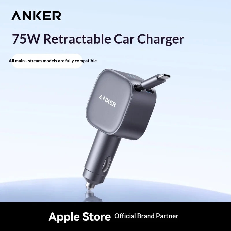 Anker Car Charger 75W Super Fast Charging Retractable Cable Ufcs Cigarette Lighter For Phone Various Types Tablet Laptop