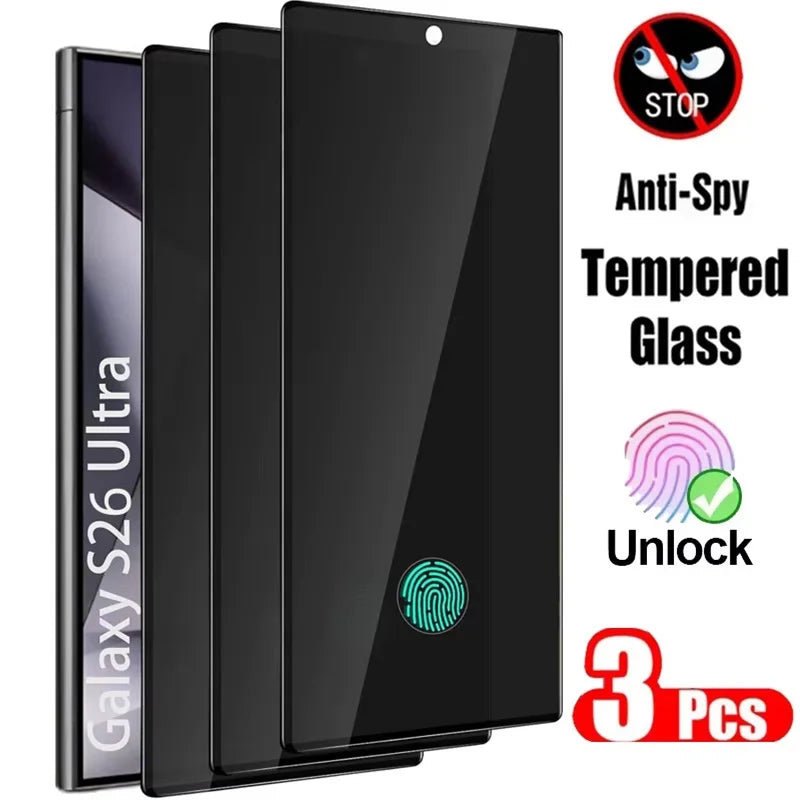 3PCS Privacy Tempered Glass For Samsung S26 Ultra Fingerprint Unlock Anti-Spy Screen Protector for S26 Plus Anti-peep Glass Film