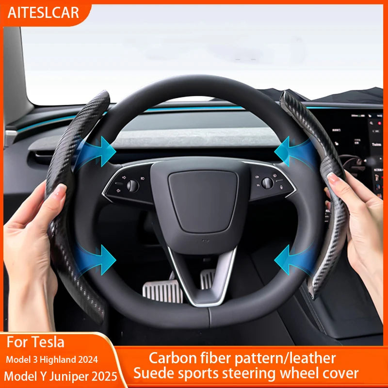 For Tesla Model 3/Y Highland Juniper2025 Steering Wheel Cover Carbon Fiber Leather Anti-Fur Sport Steering Wheel Car Accessories CM World