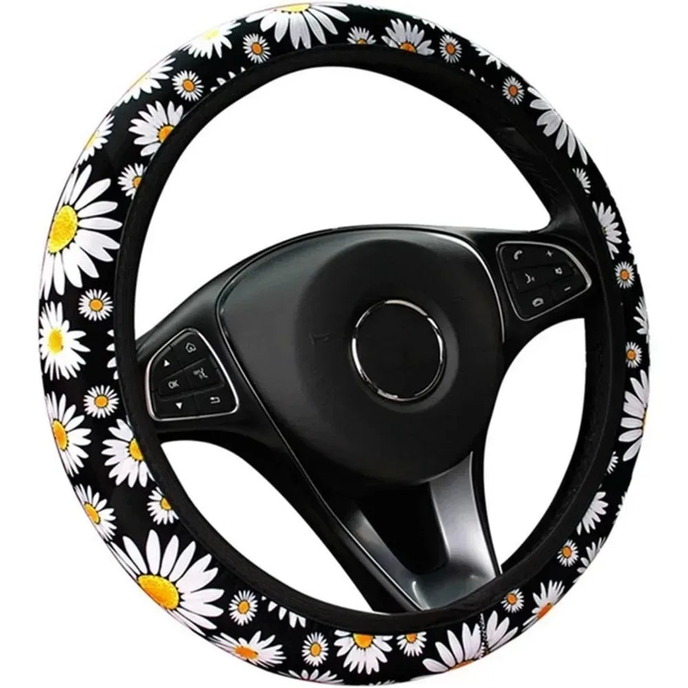 Car Steering Wheel Cover Universal 15 Inch Daisy Anti Slip Steering Wheel Cover Suitable for All Seasons Breathable Comfortable
