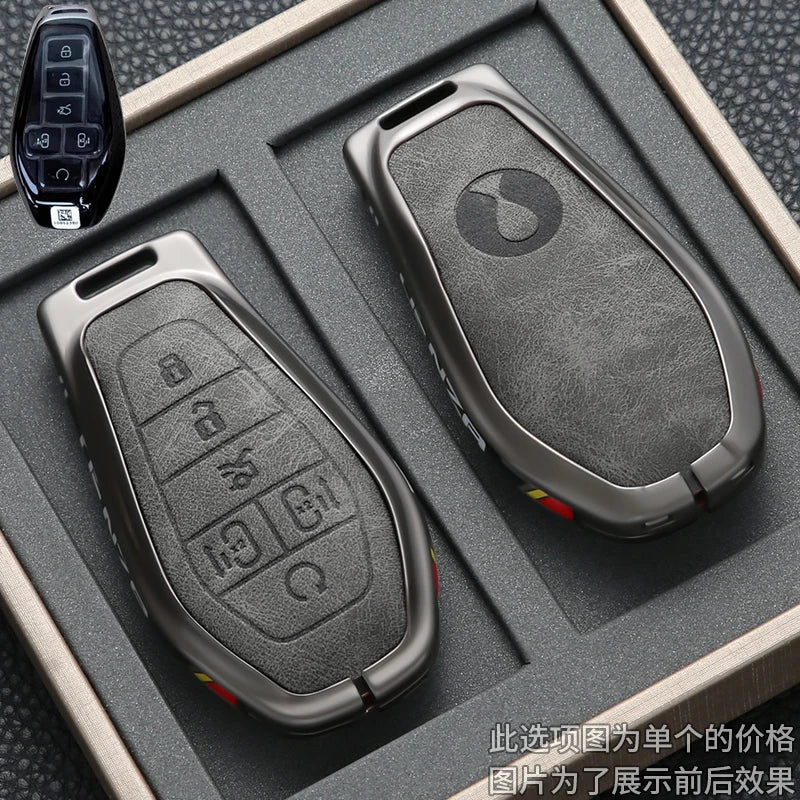Car Key Case Cover for Denza N9 Smart Remote Key Protector Leather Car Key Case Cover Keychain Zinc Alloy Interior Accessories CM World