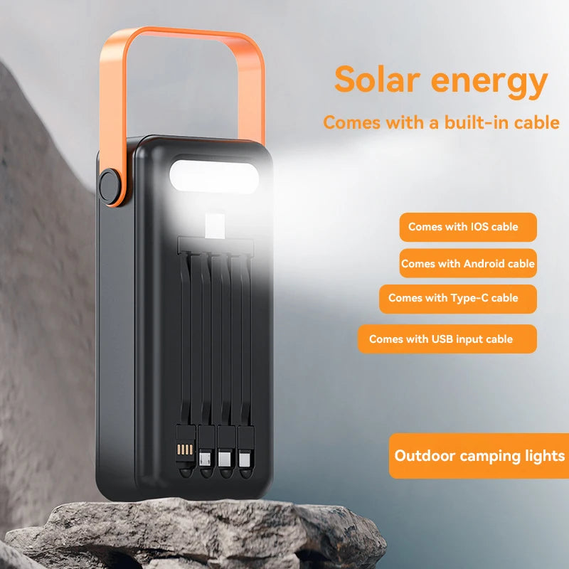200000mAh Solar Panel Power Bank Fast Charging Portable Power Station External Battery Pack with Cable for Iphone Samsung Huawei