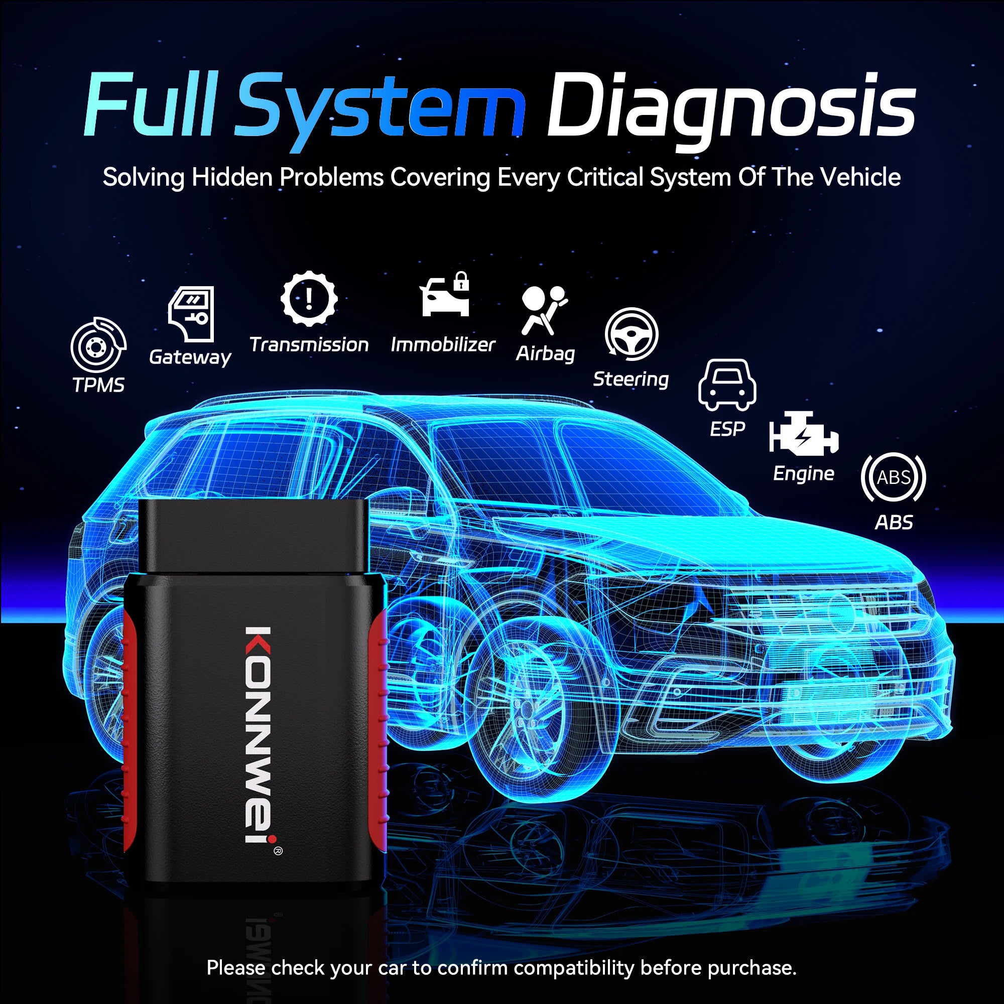 KONNWEi Car OBD2 Scanner Bluetooth Connection APP Control EPB/DPF/OiL/BMS Reset Function Fault Code View Car OBD Diagnostic Tool Car Mobile World