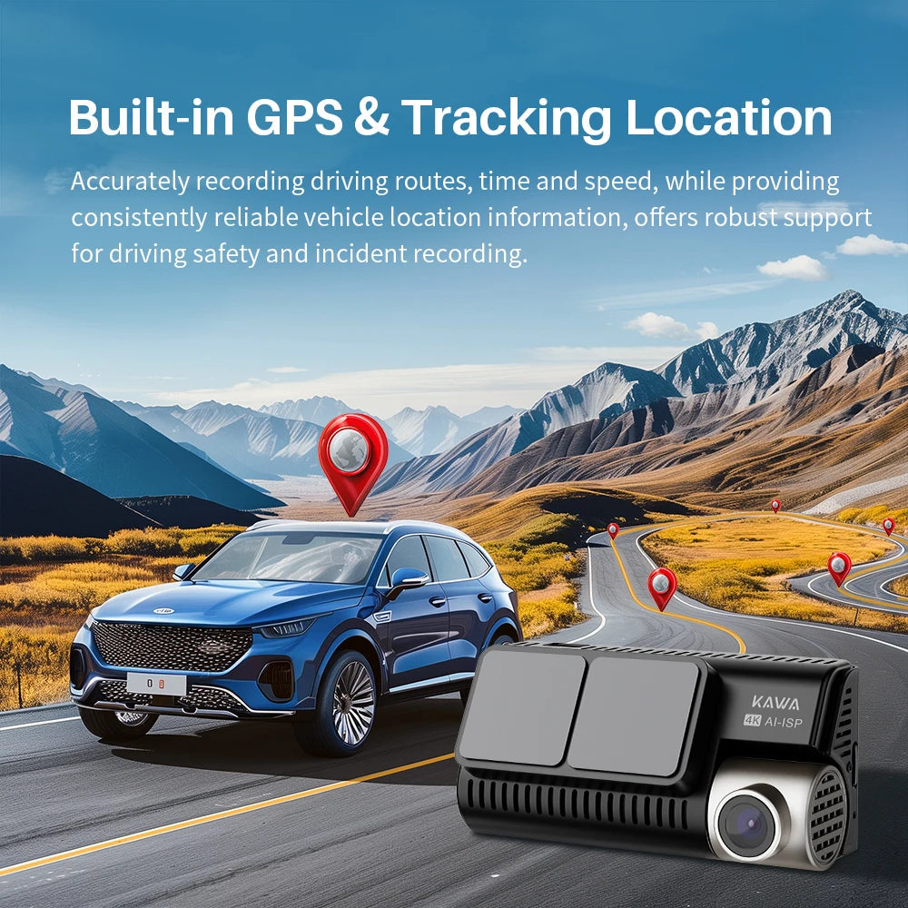 4K Dash Cam Front and Rear KAWA D11 WiFi Camera Car DVR GPS Video Recorder AI-ISP Color Night Vision Motion Detect Auto Dashcam Car Mobile World