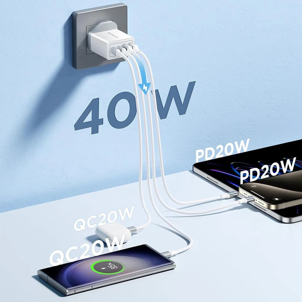 EU/UK/US/AU Plug Multi-Port USB-C/USB-A Wall Charger with Type C Cable, 40W Dual PD Fast Charging Block Mobile Phone Adapter Car Mobile World
