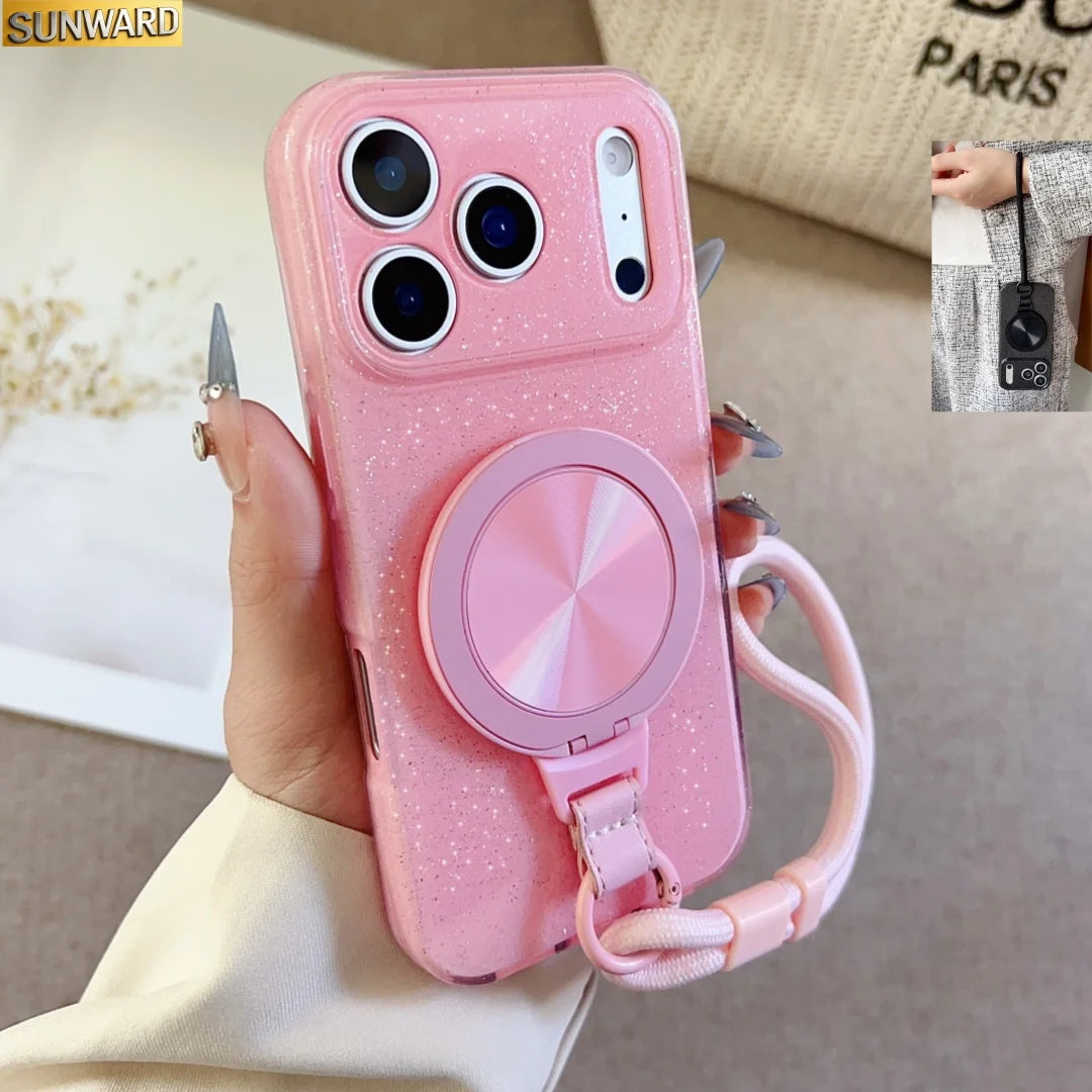 For iPhone 17 Air 16 E 11 14 13 12 XS 15 Pro Max XR SE 7/8 Plus For Magsafe Magnetic Rotating Bracket Hanging Rope Glitter Case