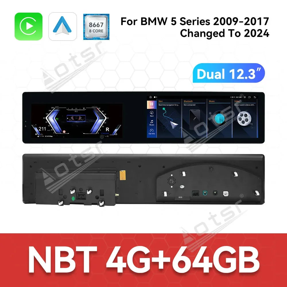 12.3'' Dual Screen for BMW 5 Series 2011-2017 To 2024 Digital Cluster Large Screen Navigation Apple Carplay Car Radio DSP BT GPS