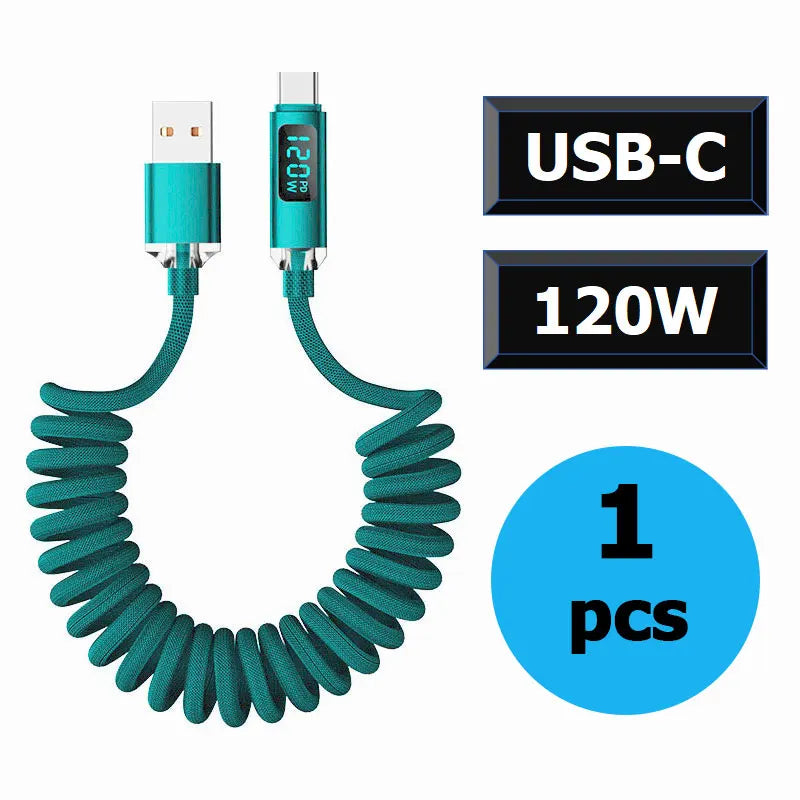 120W Car Retractable Cable Digital Display Spring USB A Type C To Type C Cable For Samsung iPhone 16 Fast Charging Charger Cable