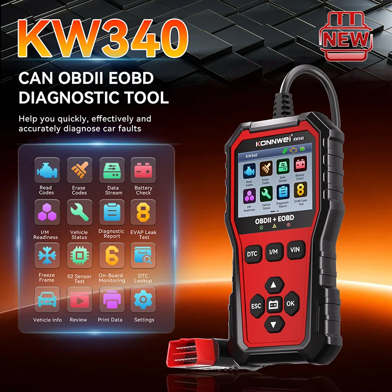2026 KONNWEi KW340 Car CAN OBD2 EOBD Diagnostic Tool Engine Battery Test Read Fault Code Clear Real-Time Data O2 Inspection Tool CM World
