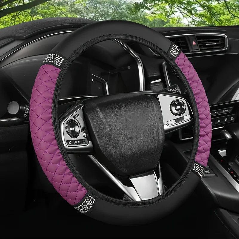 1PC Car steering wheel cover PU leather handle cover, no inner ring, fashionable diamond inlaid handle cover CM World