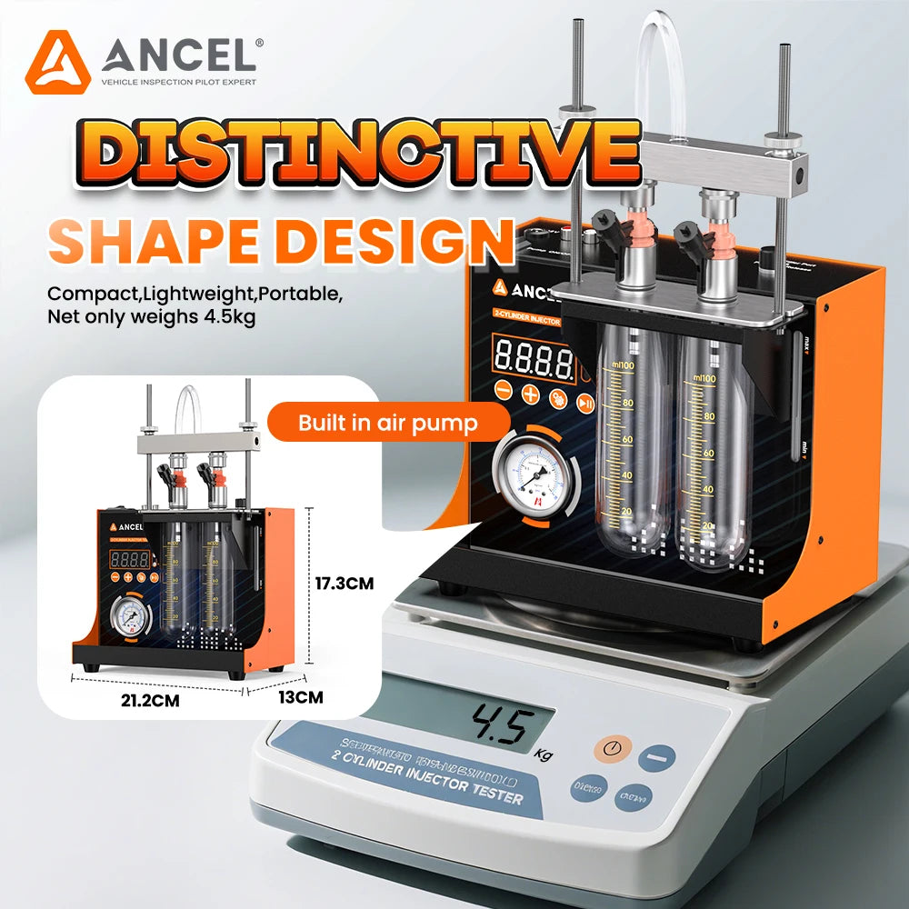 ANCEL JC200 Fuel Injector Cleaning Tester Machine for Car Motorcycle 2-Cylinders Pressure Adjustment Built-in Air Pump 6V 12V