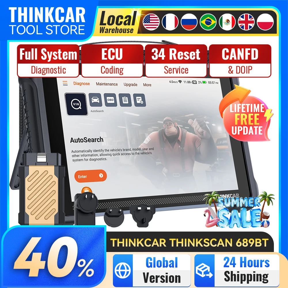 THINKCAR Thinkscan 689BT Diagnostic Tools Full System Automotive Scanner 34 Reset Lifetime Free ECU Coding CANFD DOIP Scan Tools Car Mobile World